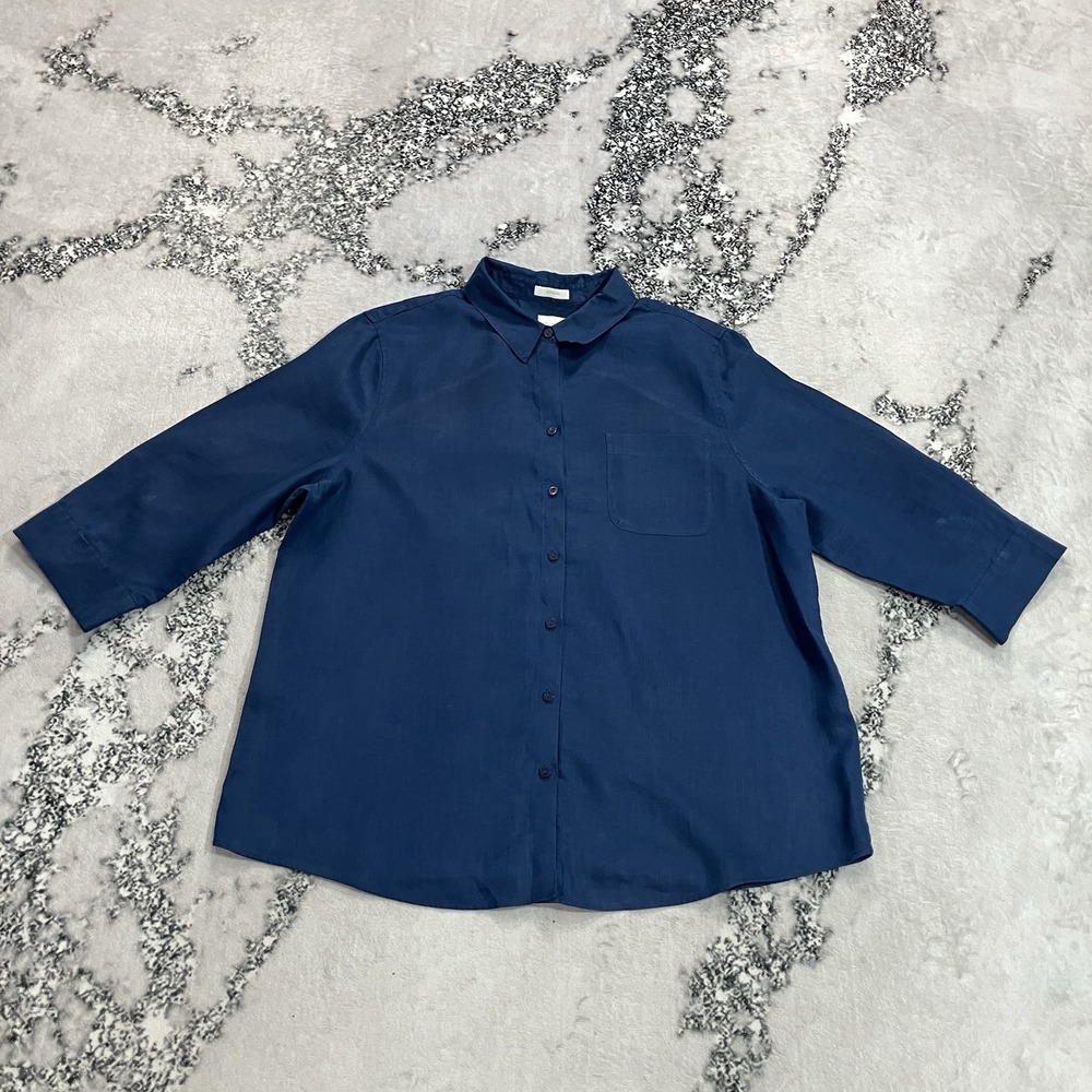 Chico's Shirt Womens Size 3 XL Blue Linen Blend Button Front Blouse 3/4 Sleeve